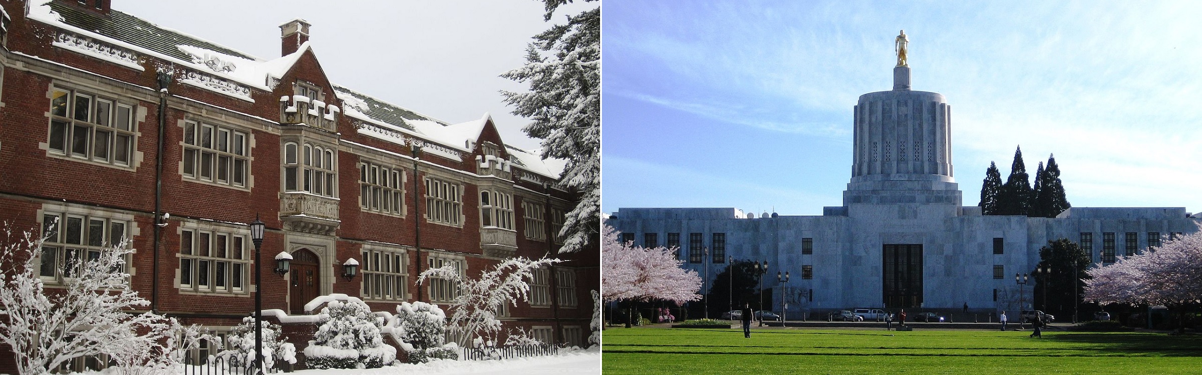 Eliot Hall at Reed College and State Capitol building in Salem, Oregon