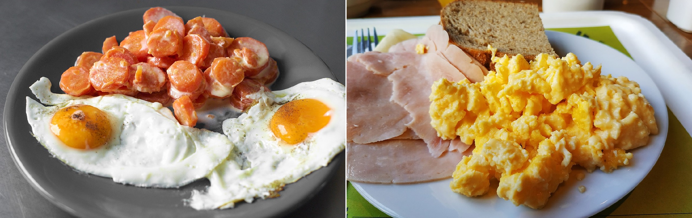 Fried eggs with carrots and Scrambled eggs served with ham and toast