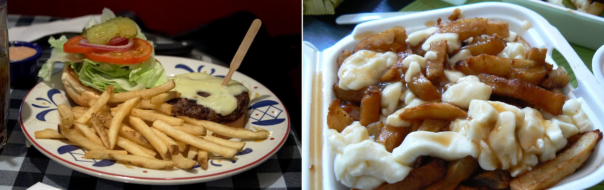 French fries served with a hamburger and Poutine dish of fried potatoes, cheese curds, and gravy