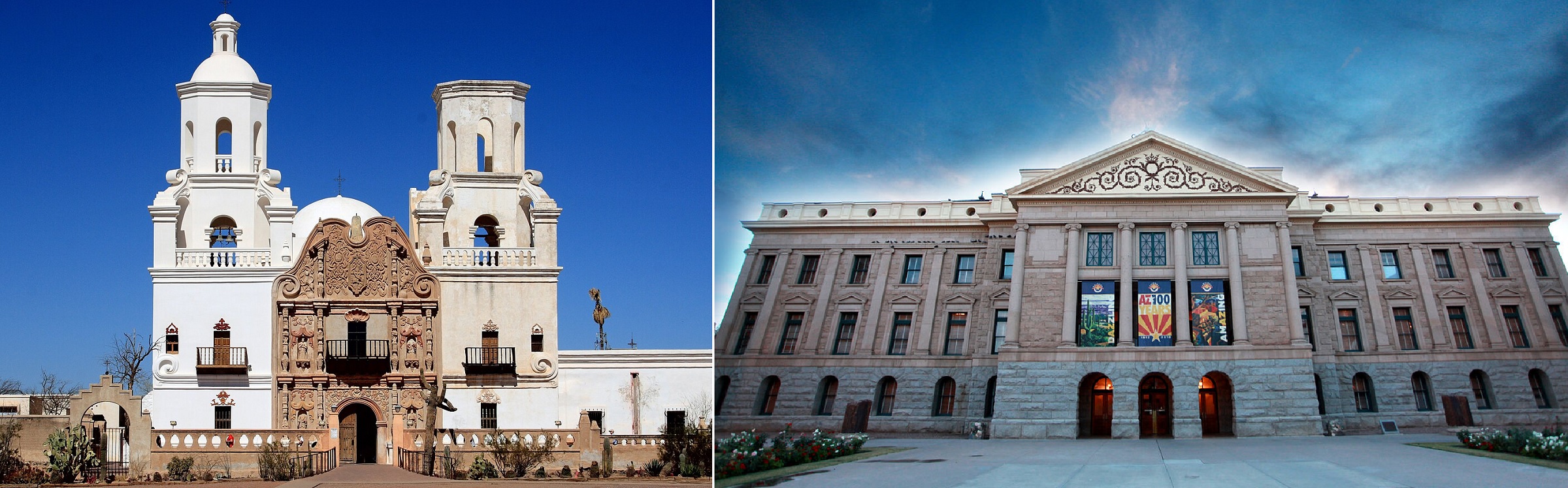 Spanish mission of San Xavier del Bac and Arizona Capitol Museum building in Phoenix