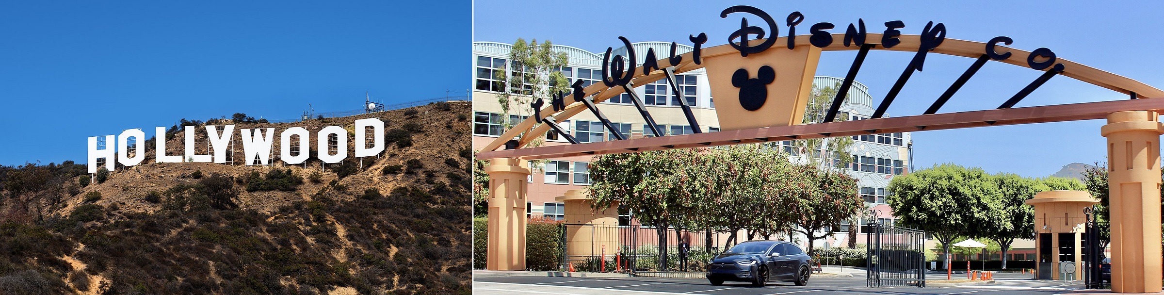 The Hollywood Sign in Los Angeles and Disney headquartered in Burbank.