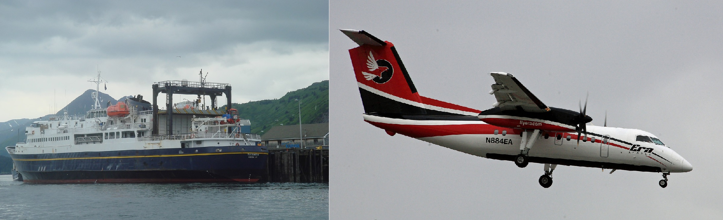 The MV Tustumena and A Bombardier Dash 8.