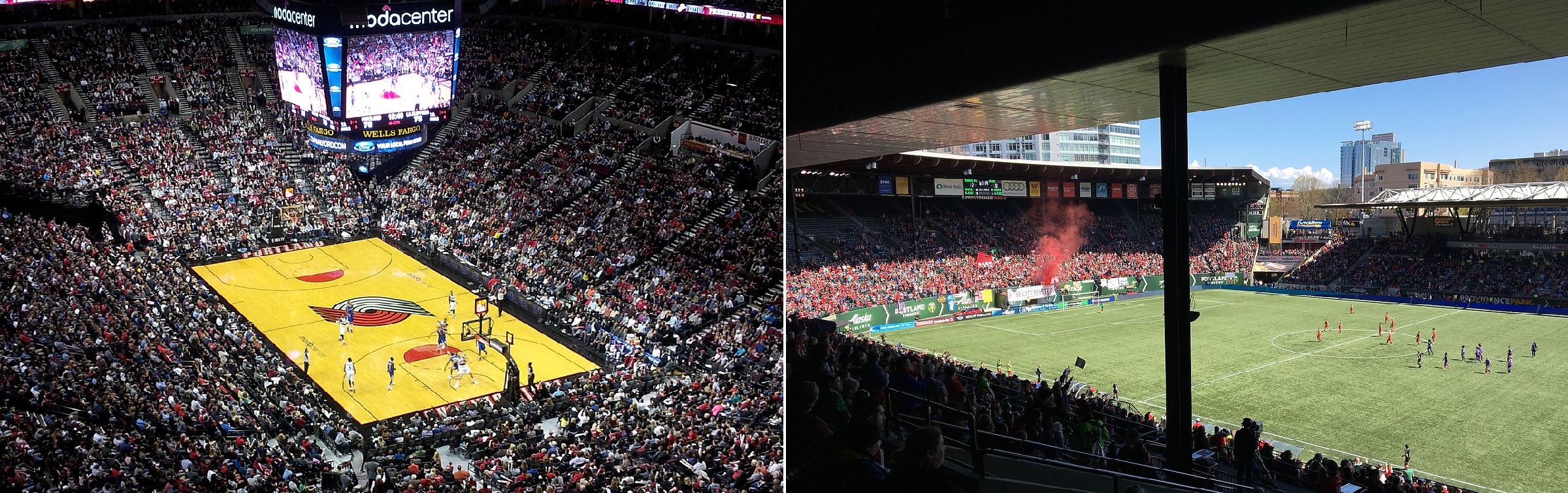 The Moda Center during a Portland Trail Blazers game and Providence Park during a Portland Thorns FC match, Oregon