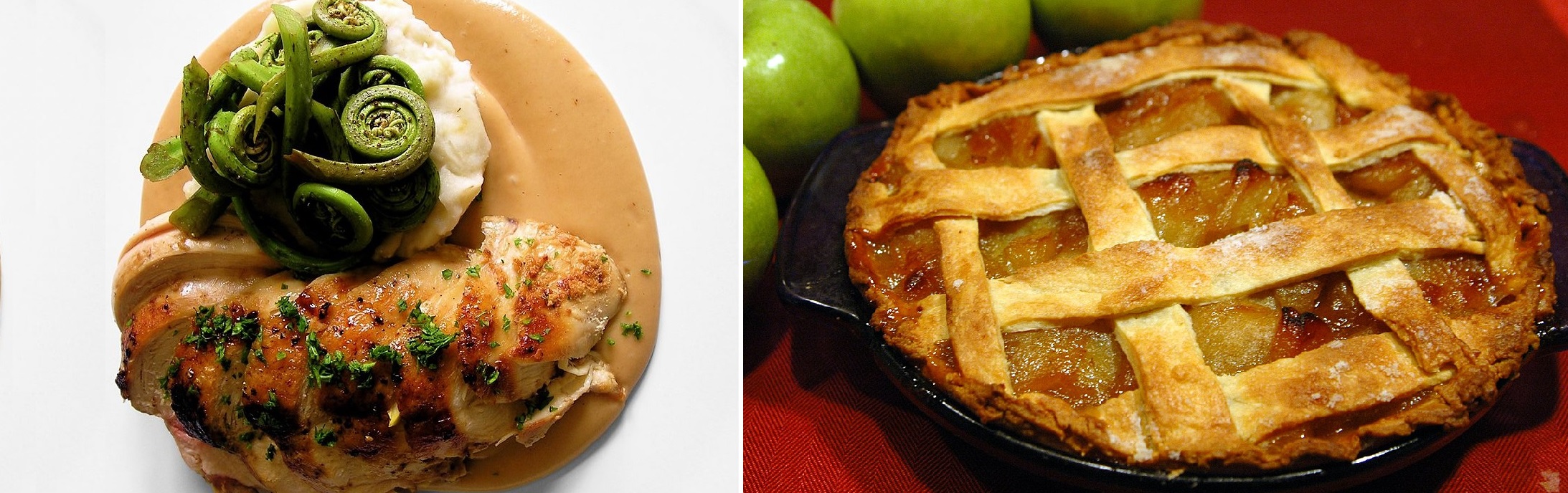 A chicken dish including fiddleheads and Apple Pie