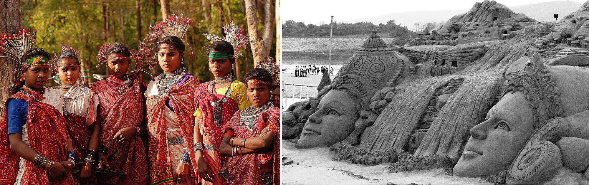 Young Baiga women and Sand sculpture