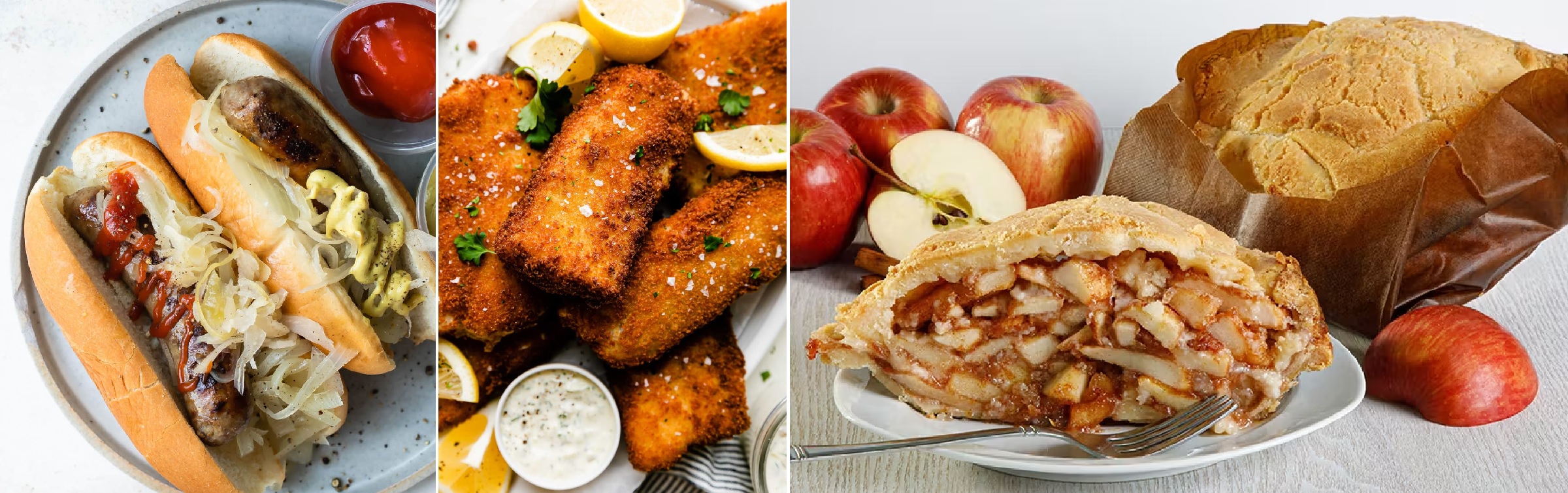 Bratwurst, Crispy-breaded Fish and Apple pie, Wisconsin