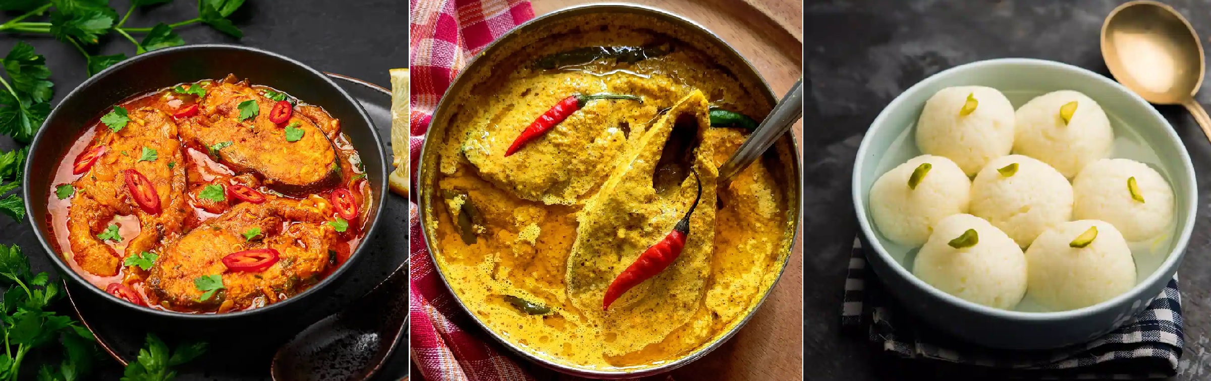 Macher jhol, Shorshe ilish, and Roshogolla, West Bengal