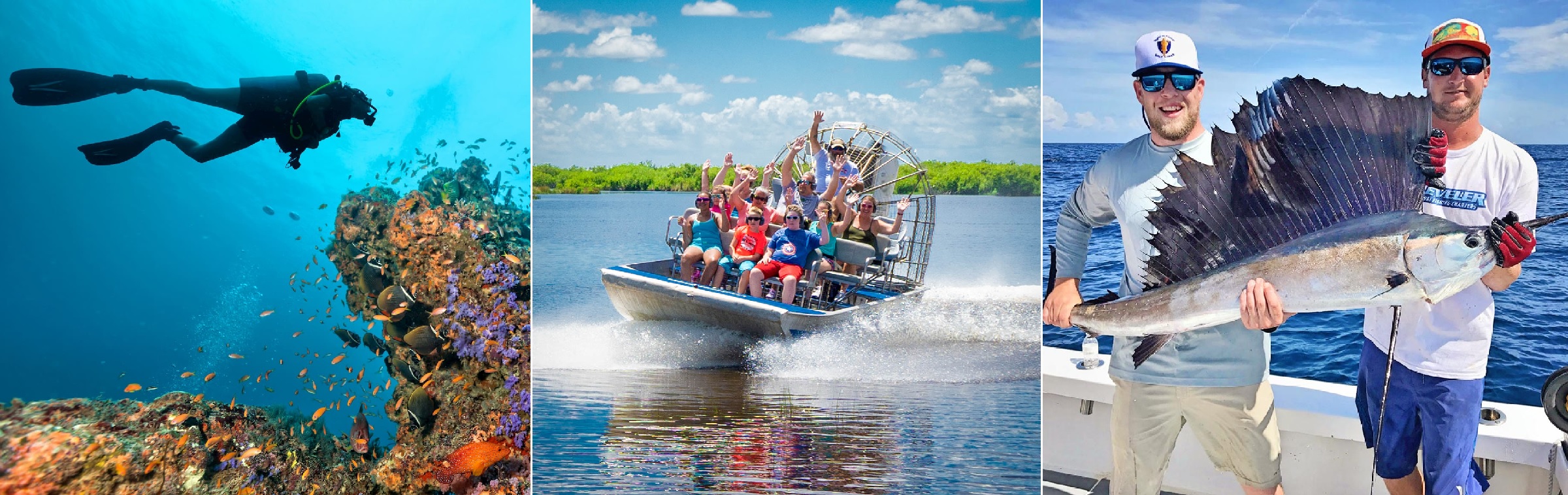 Scuba diving, Airboat trips, and Deep-sea fishing, Florida