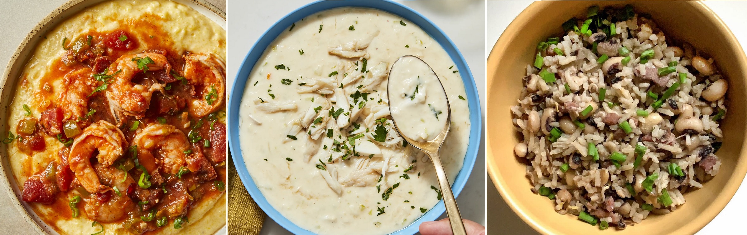 Shrimp and grits, She-crab soup, and Hoppin' John, South Carolina